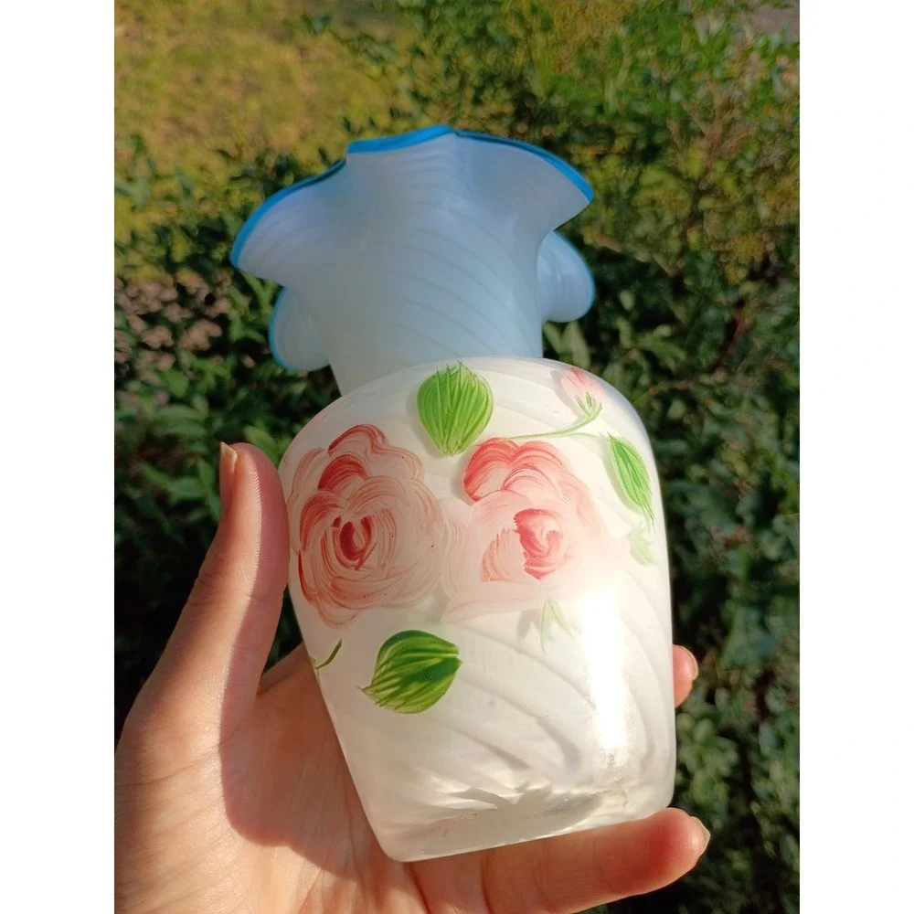 Vintage Fenton Teleflora Swirl Art Glass Vase Hand Painted Aqua Blue Ruffle Rim